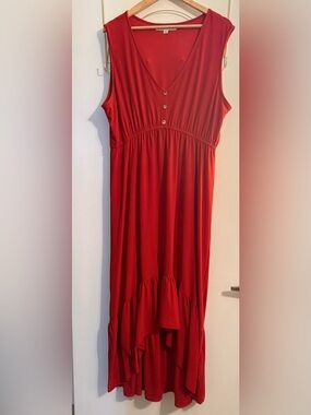 Red Button-Front Elastic Waist Dress